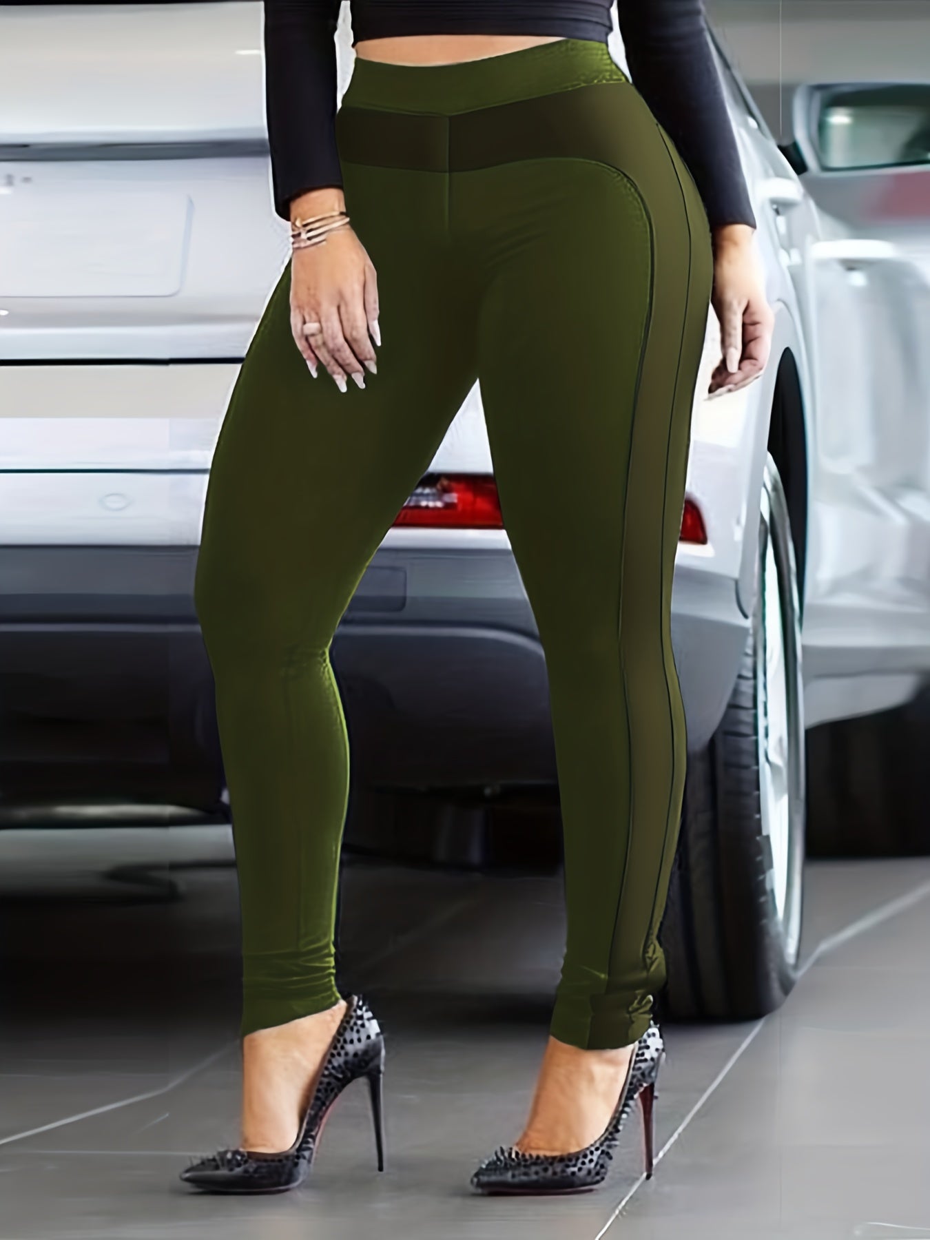 Faux Leather Splicing Skinny Leggings Casual Stretchy Leggings