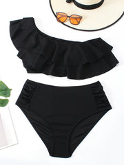 One Shoulder Ruffle Trim Bikini Set