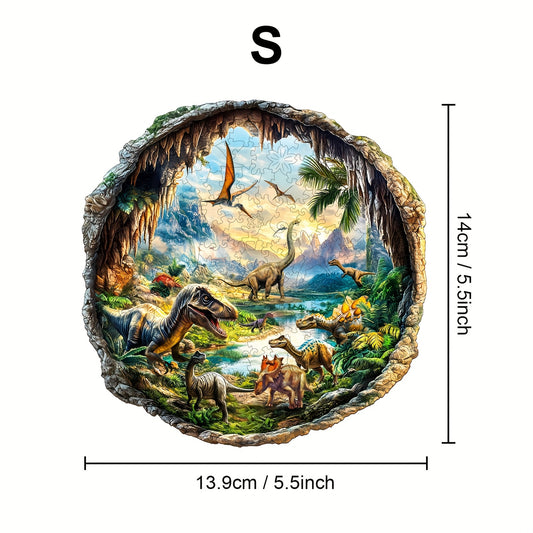 Jurassic Cave Wooden Jigsaw Puzzle Dinosaur Prehistoric Scene Vibrant Colors