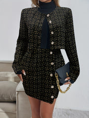 Button Front 2pc Set Long Sleeve Tops & Bag Hip Skirts