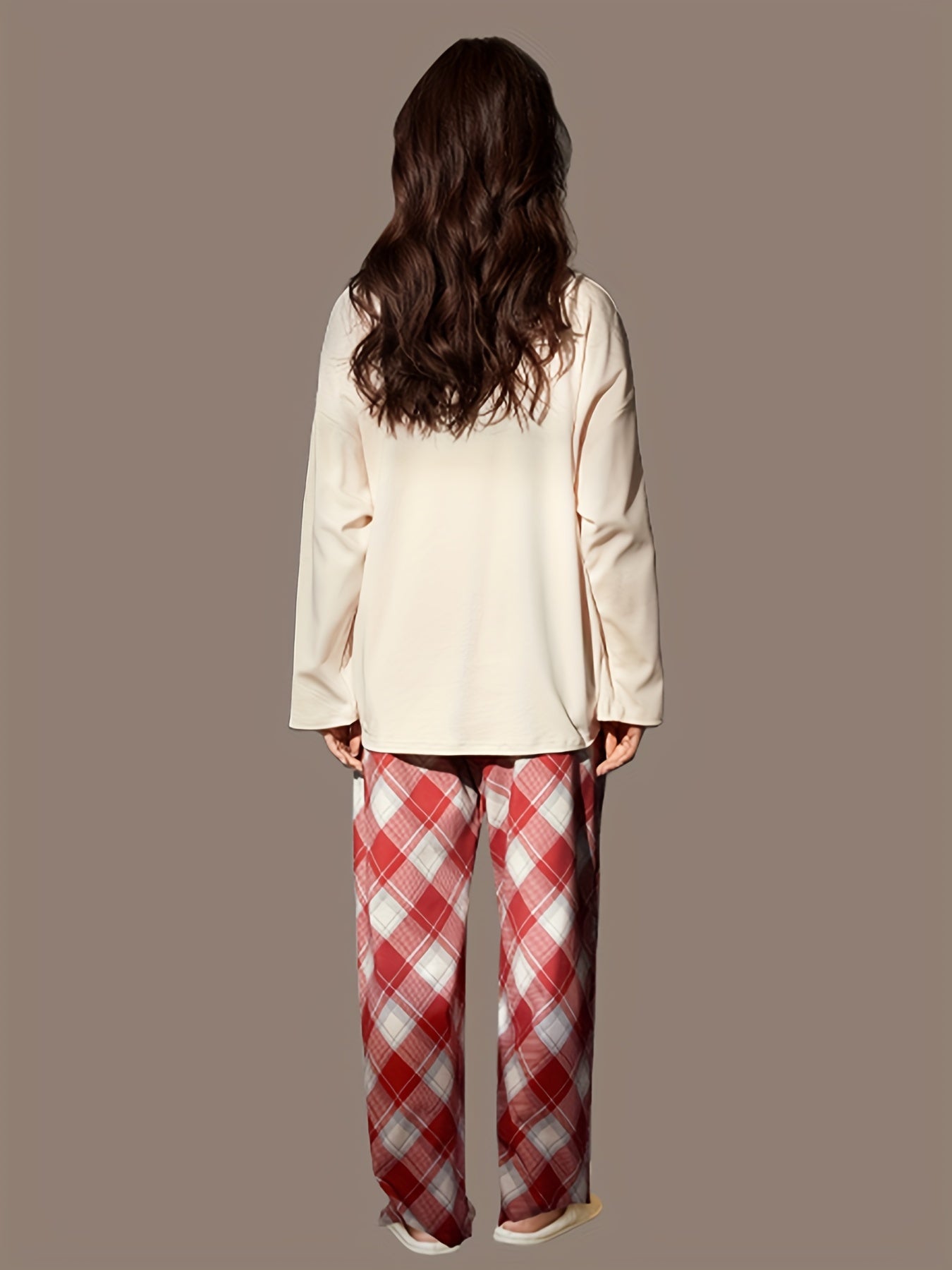 Cozy Pajama Set Long Sleeve Top & Plaid Pants Sleepwear & Loungewear