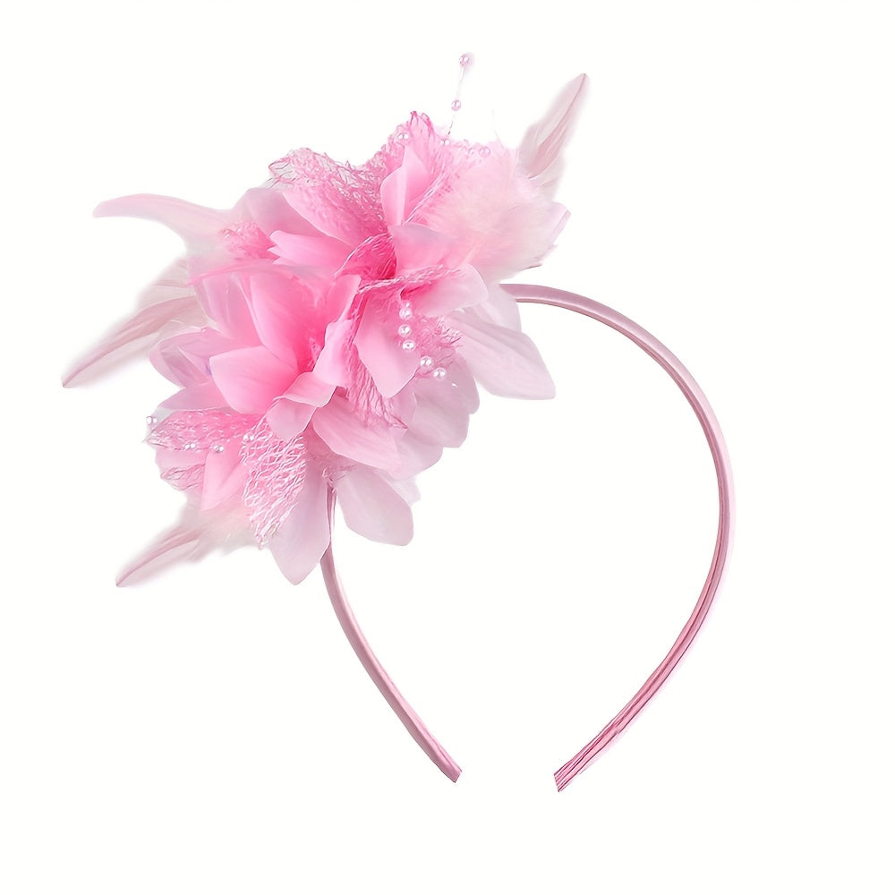 Vintage Bridal Headpiece with Feather Mesh Hairband & Beaded Flower Veil Clip