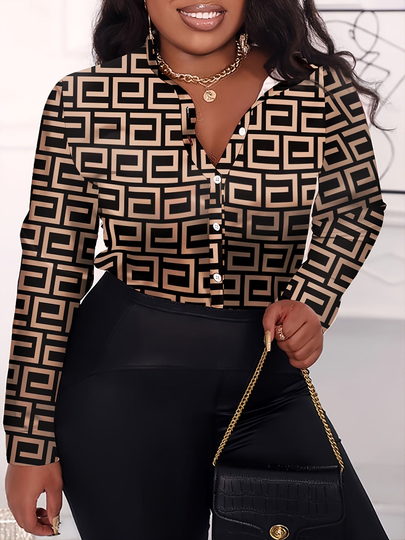 Geometric Print Button Up Blouse