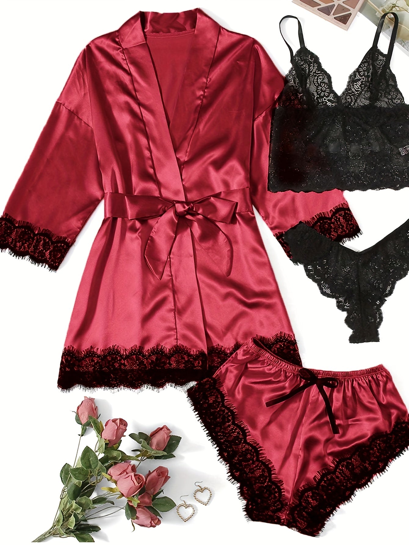 Lace Lounge Set Robe & Cami & Panties & Shorts