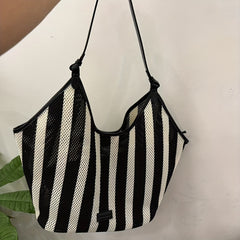 Striped Mesh Splicing Leather Tote Bag with Long Shoulder Strap