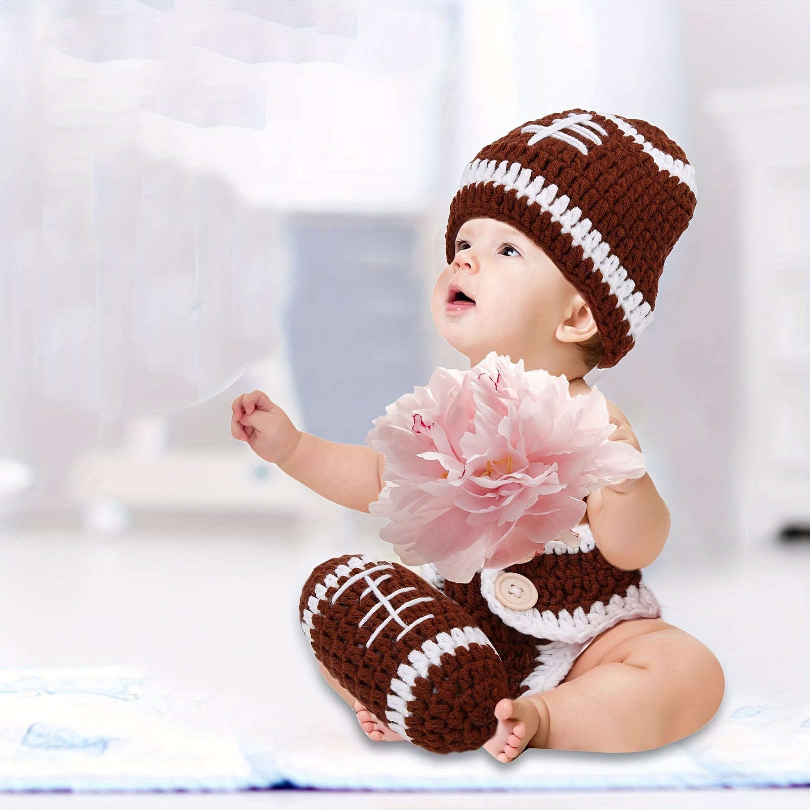 Newborn Football Crochet Outfit Set 3 Piece Photography Keepsake Ensemble