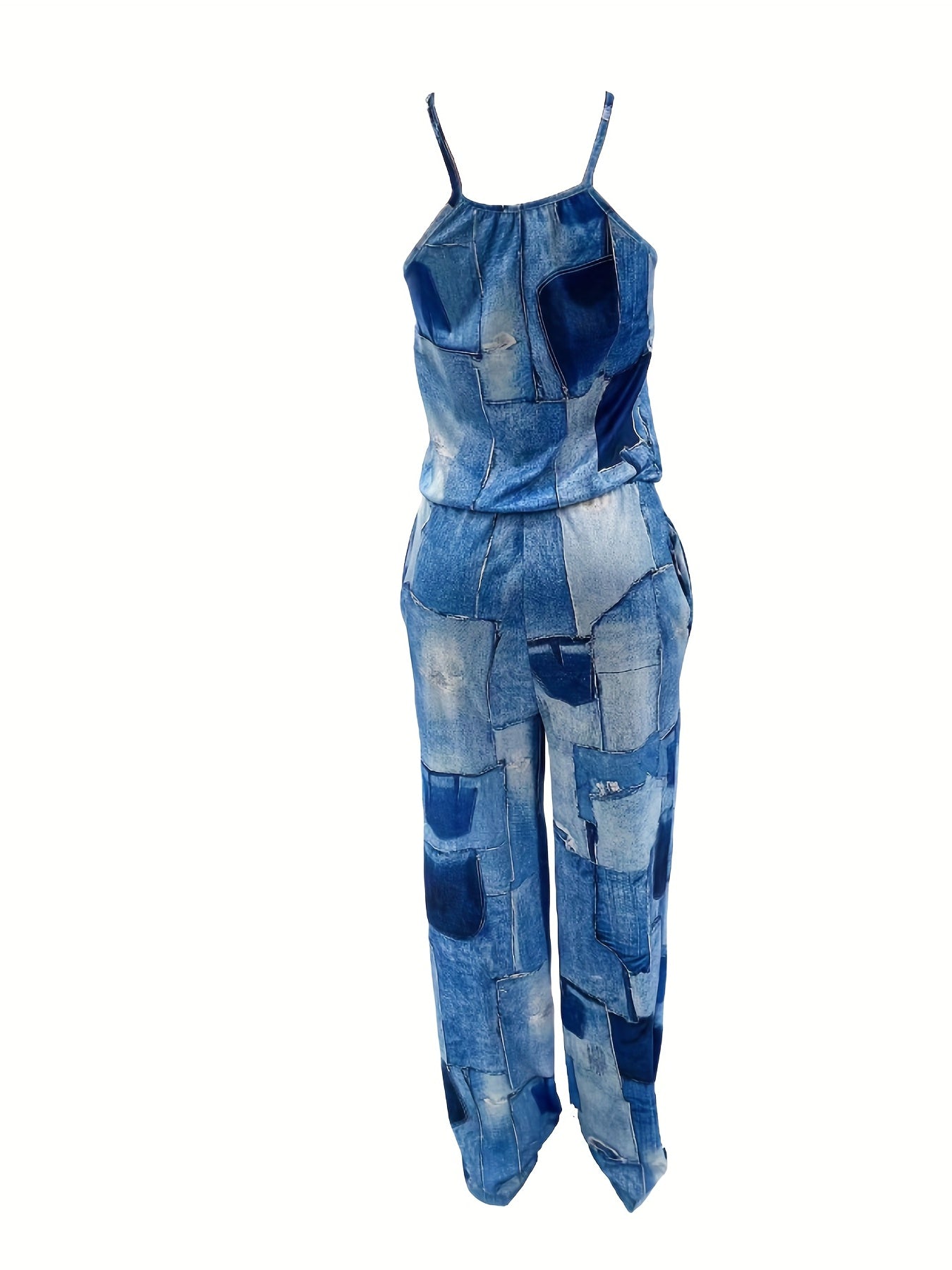 Denim Print Drawstring Waist Jumpsuit Sleeveless Casual Jumpsuit