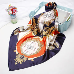 Navy Silk Square Scarf Plaid Large Shawl Women Headwrap Hair Accessories