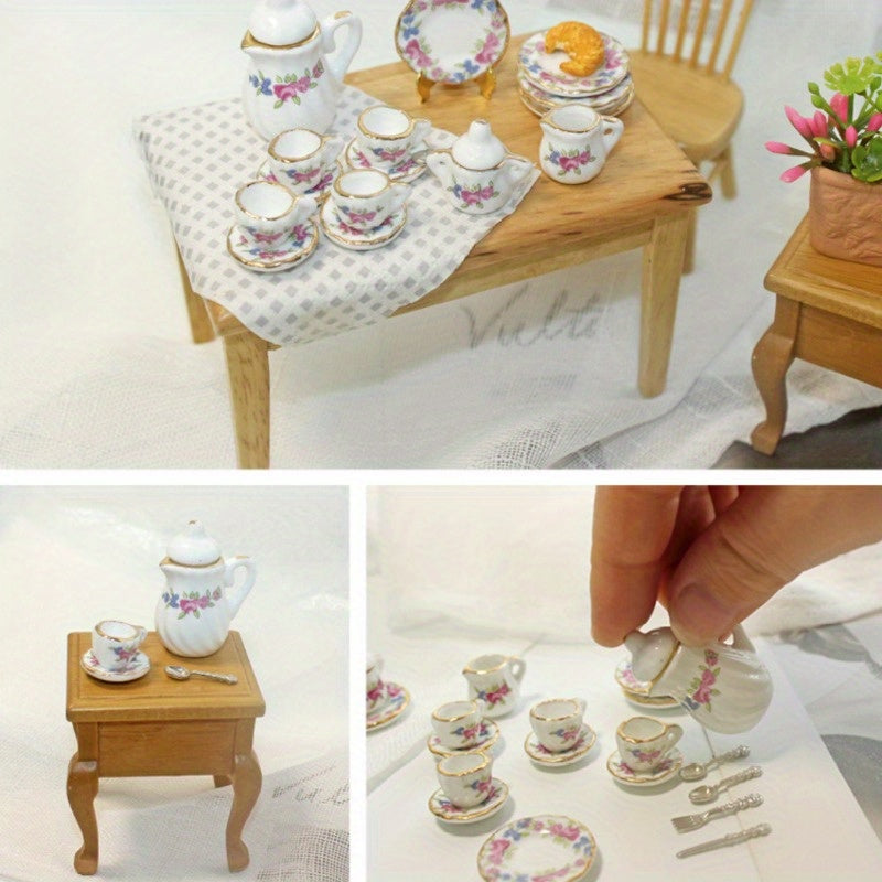 15pcs Dollhouse Food Playset with Ceramic Tea Set and Teacups