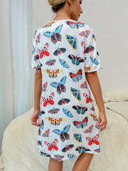 Butterfly Print Lounge Dress Soft & Comfy Short Sleeve Home Dress Women's Lounge