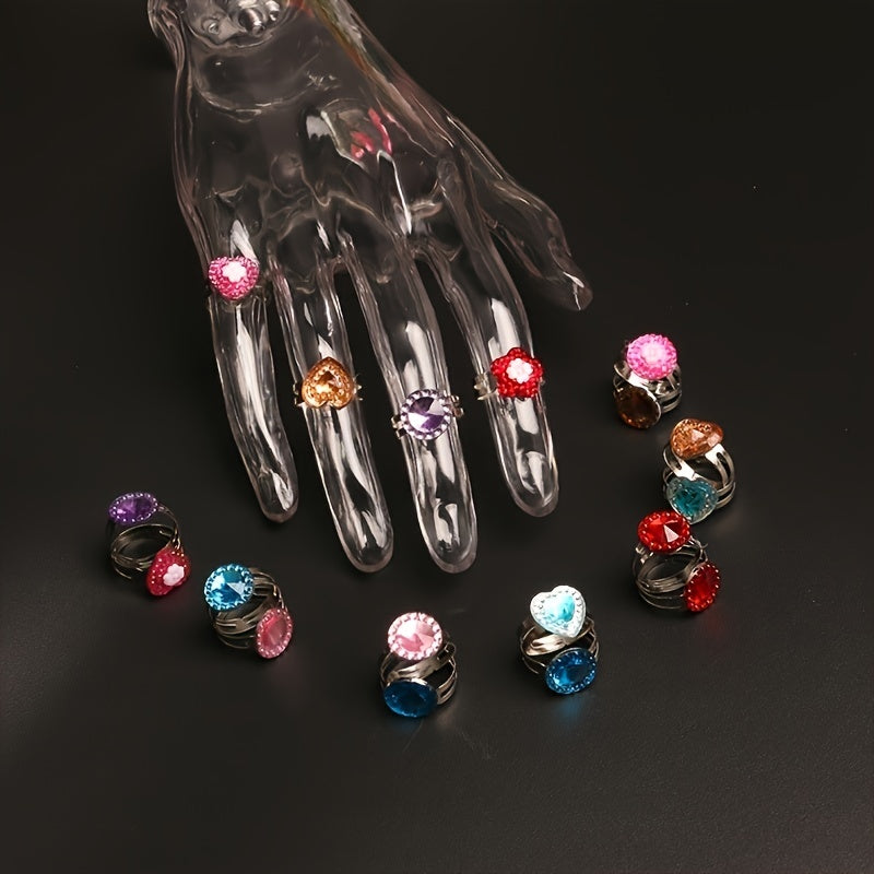 10pcs Kids Crystal Gem Cartoon Rhinestone Ring Set