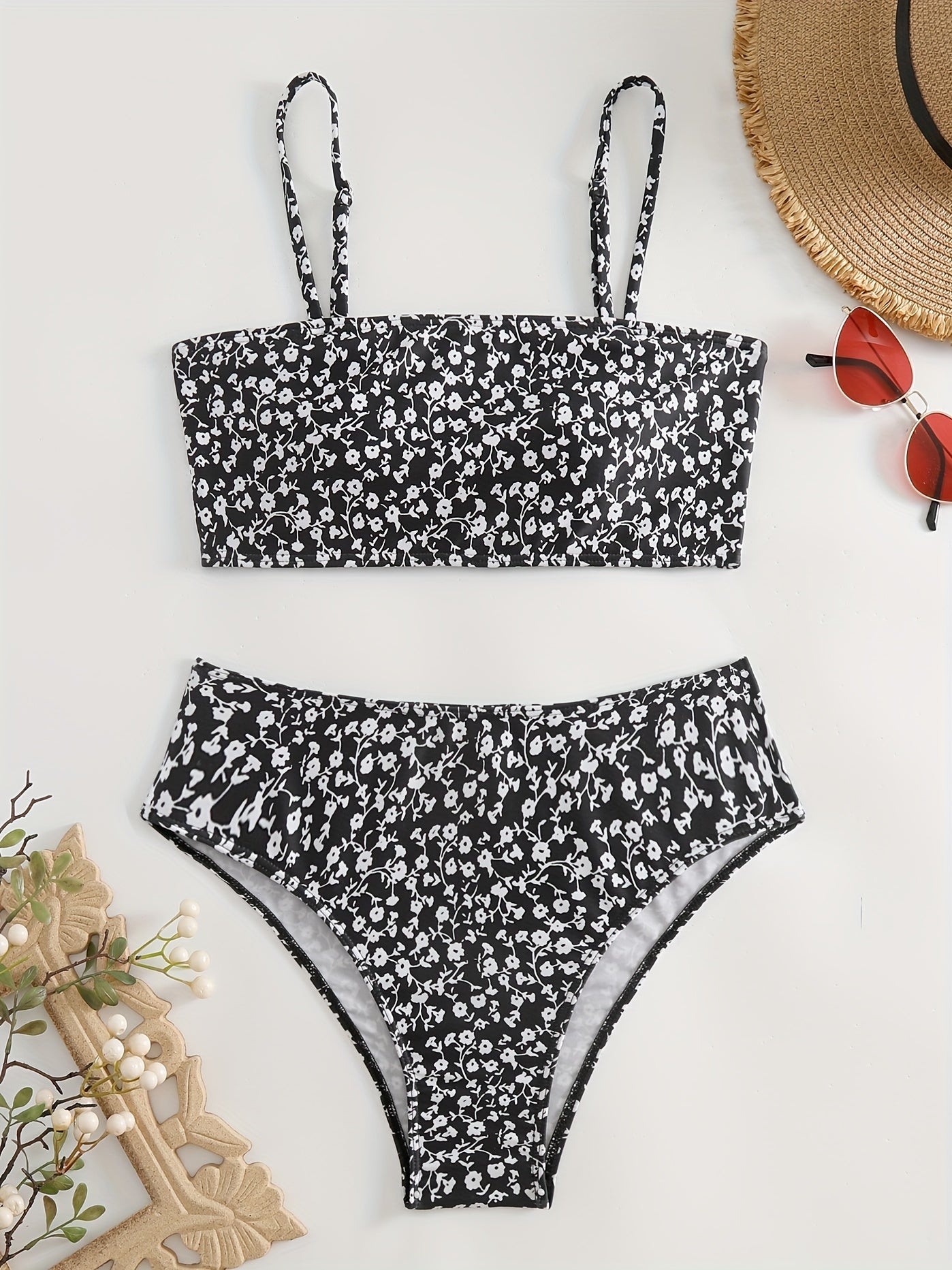 Floral Pattern Bikini Set Spaghetti Straps High Stretch Swimsuit