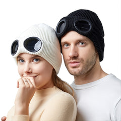 Warm Knitted Beanie Hat with Ski Goggles for Winter Outdoor Activities