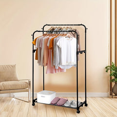 Standing Clothes Rack with Top Rod Lower Storage and Hooks Coat Rack