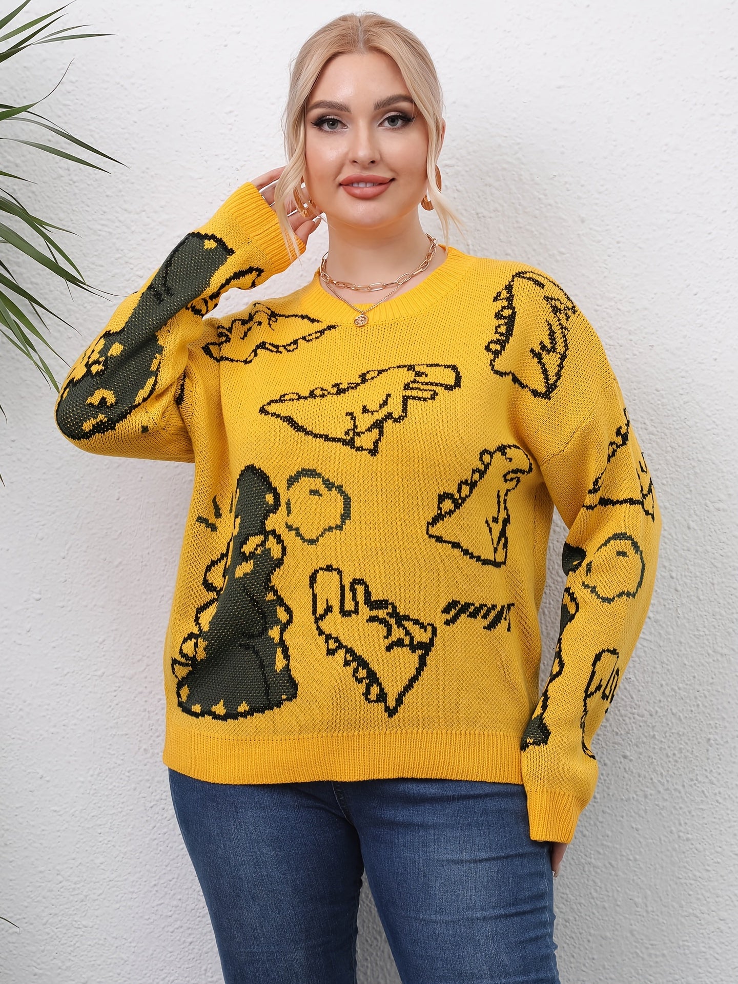 Dinosaur Jacquard Sweater Women's Plus Pullover