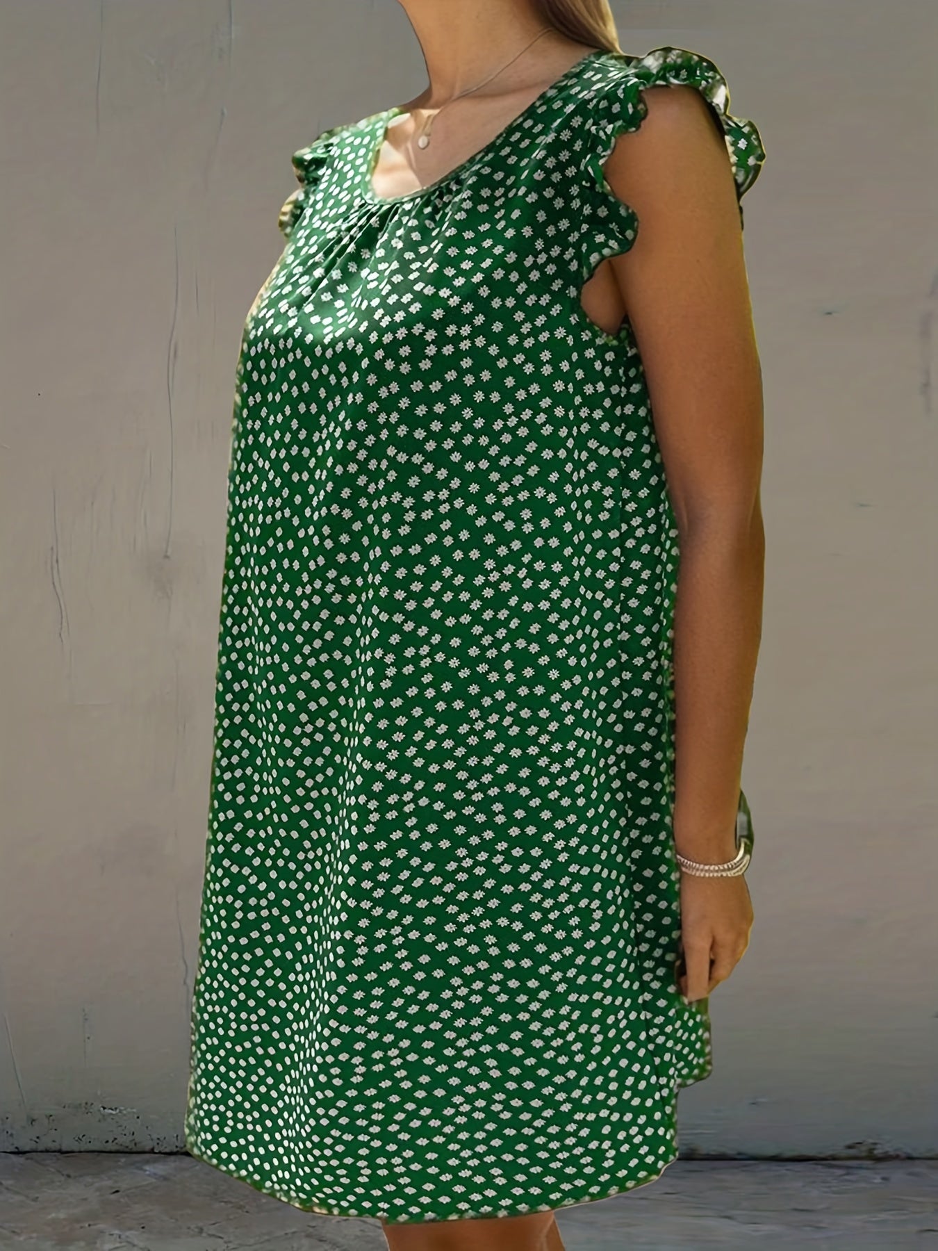 Boho Dress Women's Plus Daisy Print Round Neck Ruffle Trim