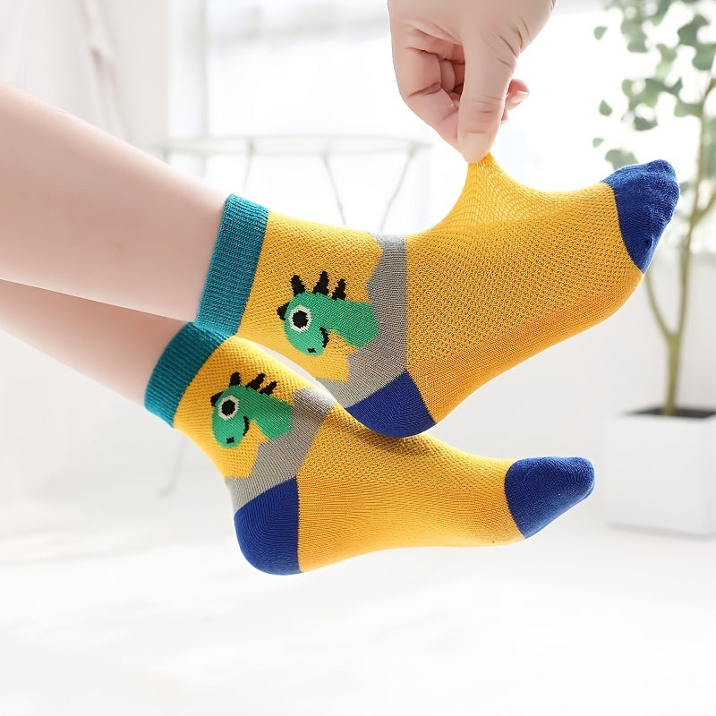 5 Pairs Boys Dino Print Crew Socks, Mesh Breathable Cotton, Spring & Summer