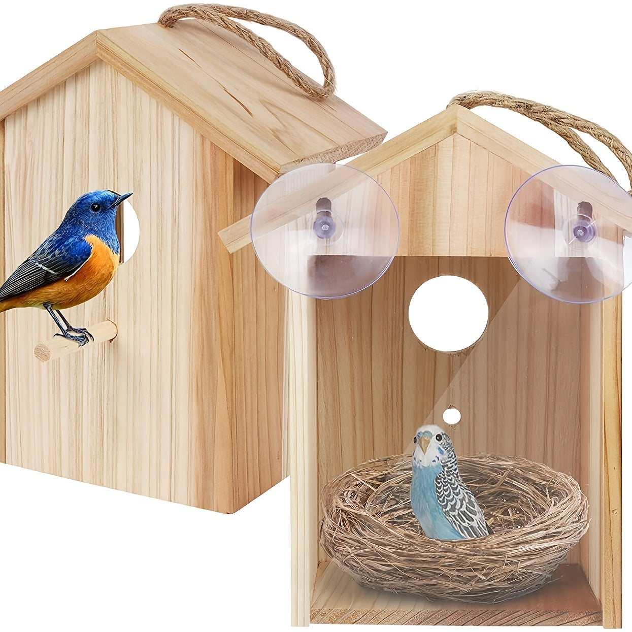 Upgrade Wooden Outdoor Bird House with Suction Cup