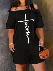 Faith Letter Embroidered Jumpsuit Off Shoulder Short Sleeve