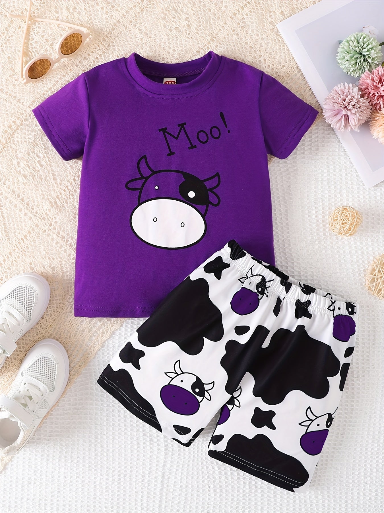 2pcs Girl's Sets Cow Print Shorts Suit Kids Summer Clothes