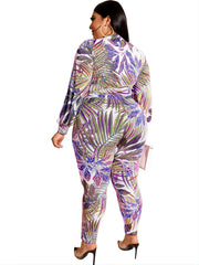 Tropical Print Zipper Front Jacket & Legging Set