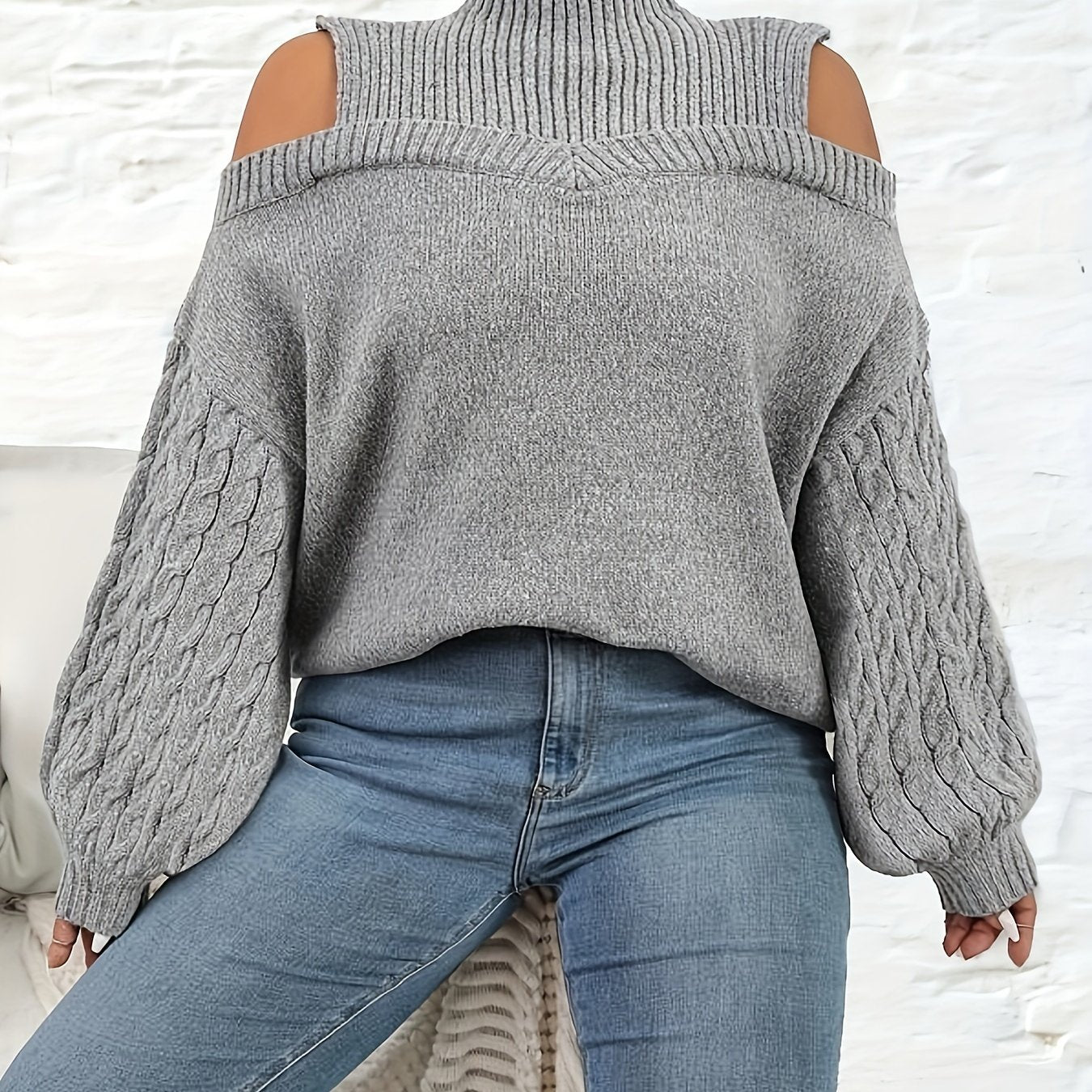 Solid Jacquard Cut Out Lantern Sleeve High Neck Sweater