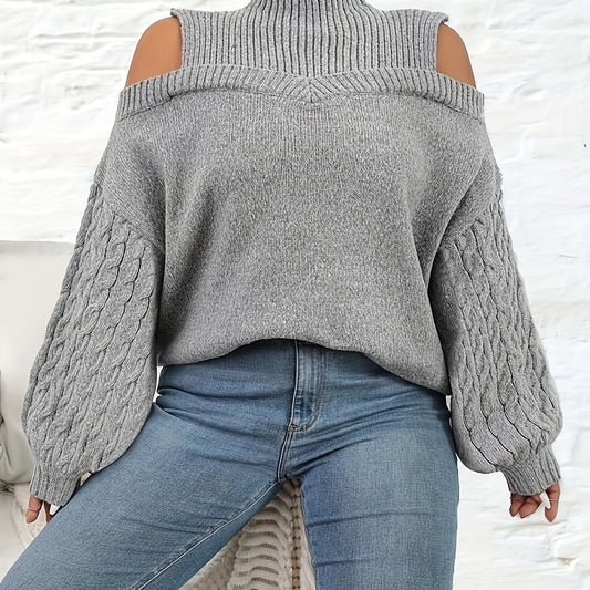 Solid Jacquard Cut Out Lantern Sleeve High Neck Sweater