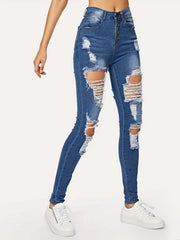 Distressed Skinny Jeans Button Fly Stretchy Denim Pants