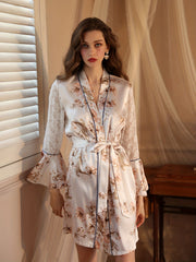 Floral Print Satin Night Robe Lace Sleeve V Neck House Robe Women's Sleepwear