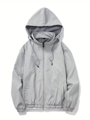 Solid Zip Up Men's Casual Jacket with Drawstring Hood