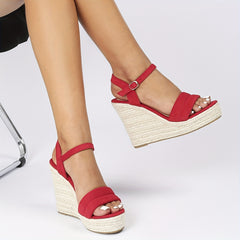 Red Wedged Heeled Sandals with Buckle Strap