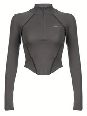 Solid Mock Neck Sports Long Sleeve Zipper Top