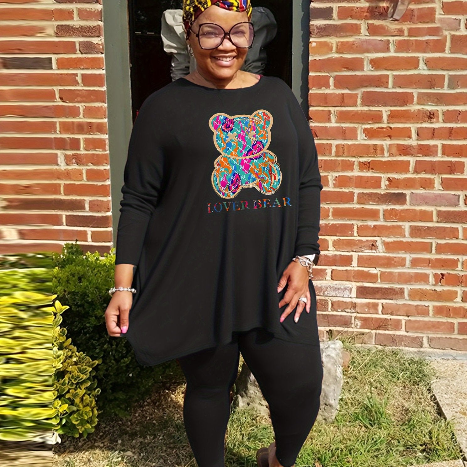 Women's Plus Bear & Letter Print Top & Leggings Set
