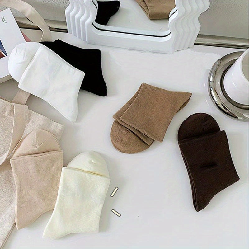 6 Pairs Women's Thin Solid Mid Tube Socks Soft & Elastic Stockings