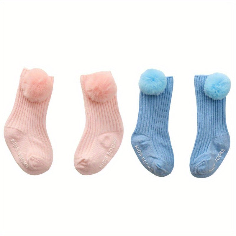 2 Pairs Girls Baby Socks Large Pompom Non Slip Toddler Knee Socks