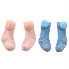 2 Pairs Girls Baby Socks Large Pompom Non Slip Toddler Knee Socks
