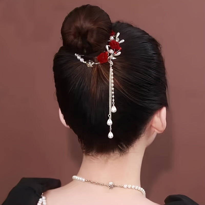 Vintage Red Rose Bun Buckle Tassel Hair Clip for Women Girls
