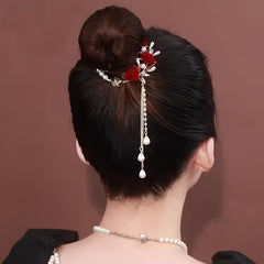 Vintage Red Rose Bun Buckle Tassel Hair Clip for Women Girls