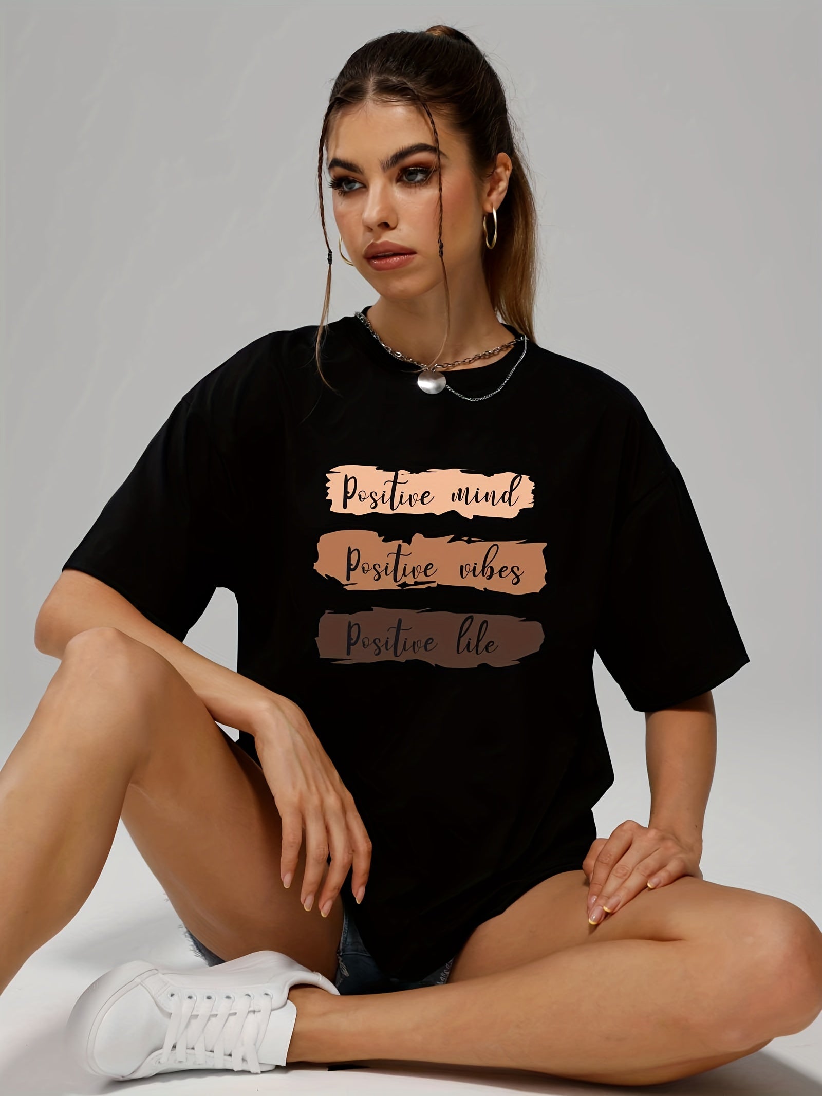 Positive Mind Letter Print T-shirt Loose Crew Neck Sports Tee