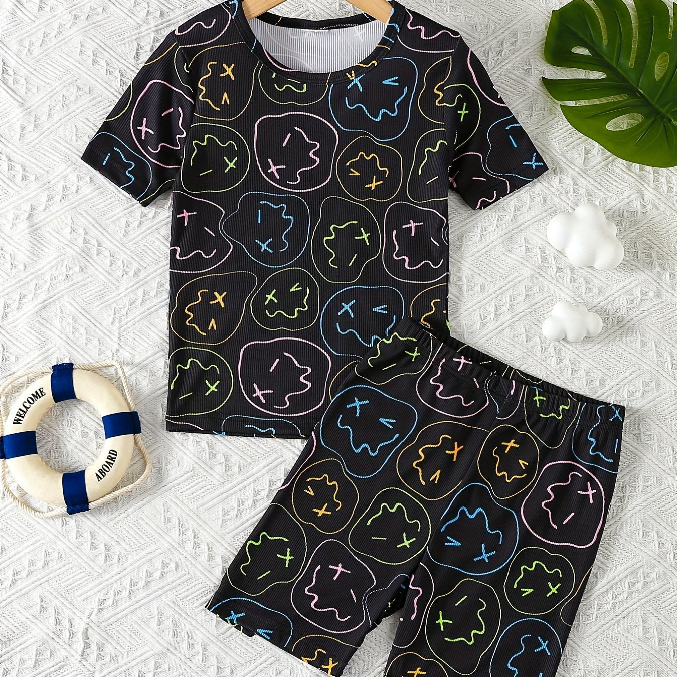 Boys Cartoon Face Print Pajamas Set