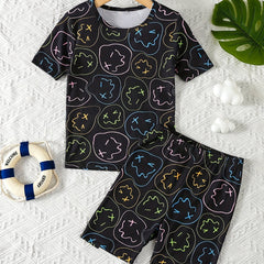 Boys Cartoon Face Print Pajamas Set