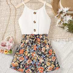 2pcs Girls Button Cami Top & Floral Shorts Set Kids Summer Clothes