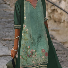 Border Floral Print Notched Neck Tank Dress & Open Front Coat Set