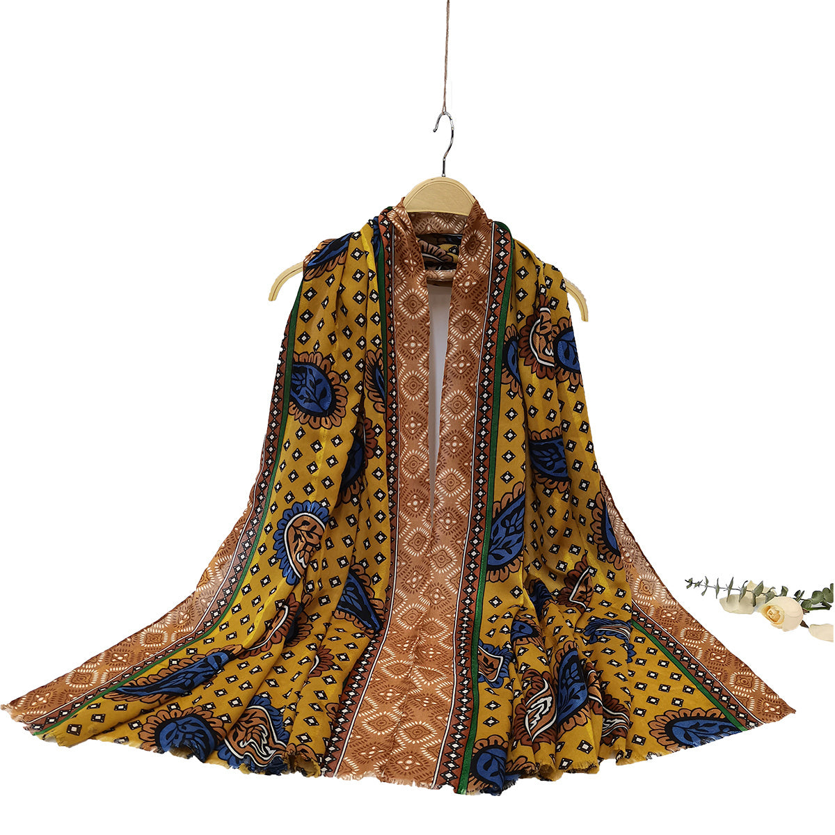 Bohemian Paisley Print Scarf Vintage Frayed Edge Long Shawl