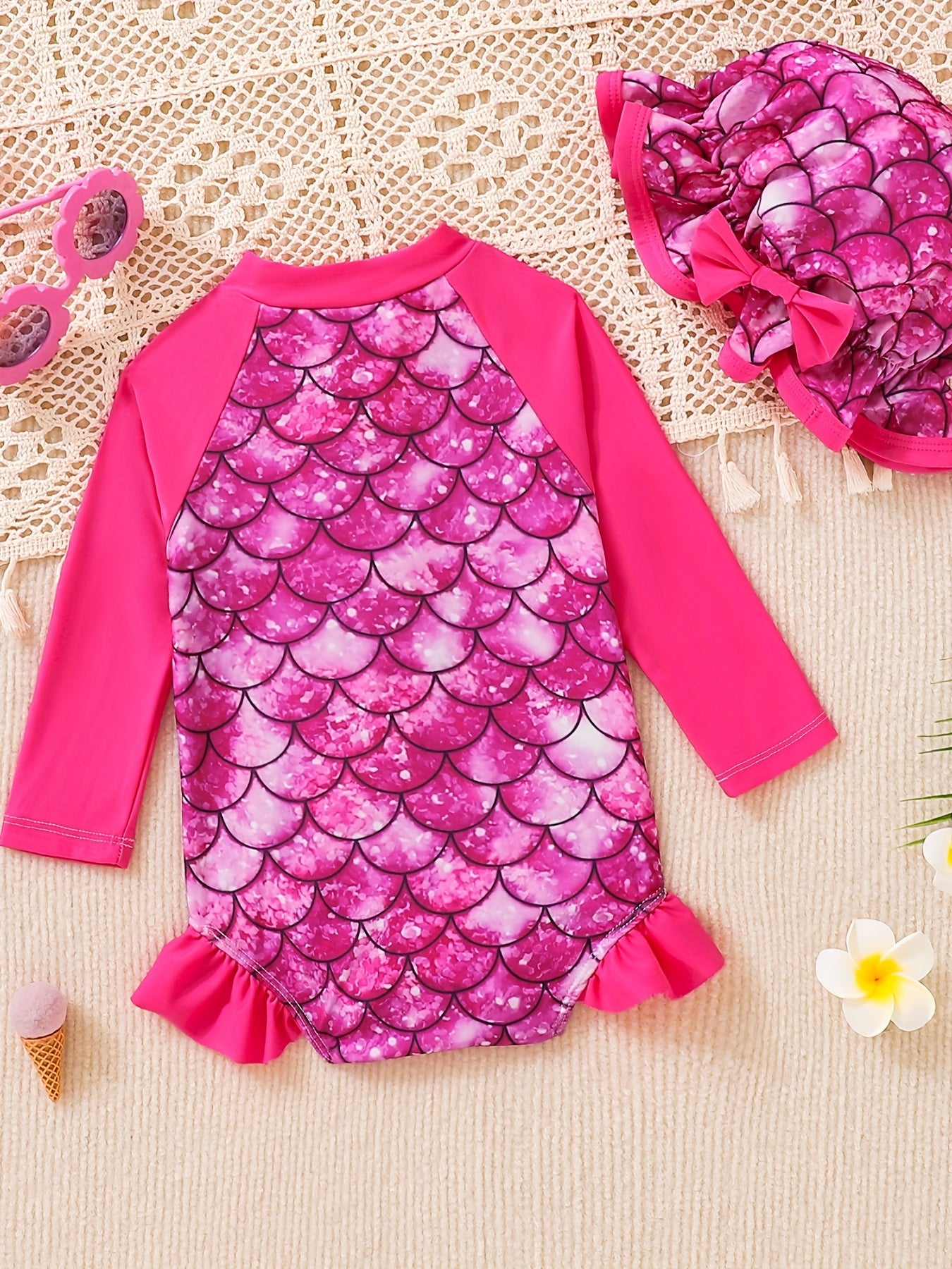 Girls Strawberry Print Swimsuit & Hat 2pcs Set