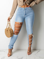 Laced Cutout Skinny Jeans High Rise Slim Fit Jeans With Lace Up Holes