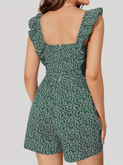 Floral Print Drawstring Romper Jumpsuit Sleeveless Ruffle Trim