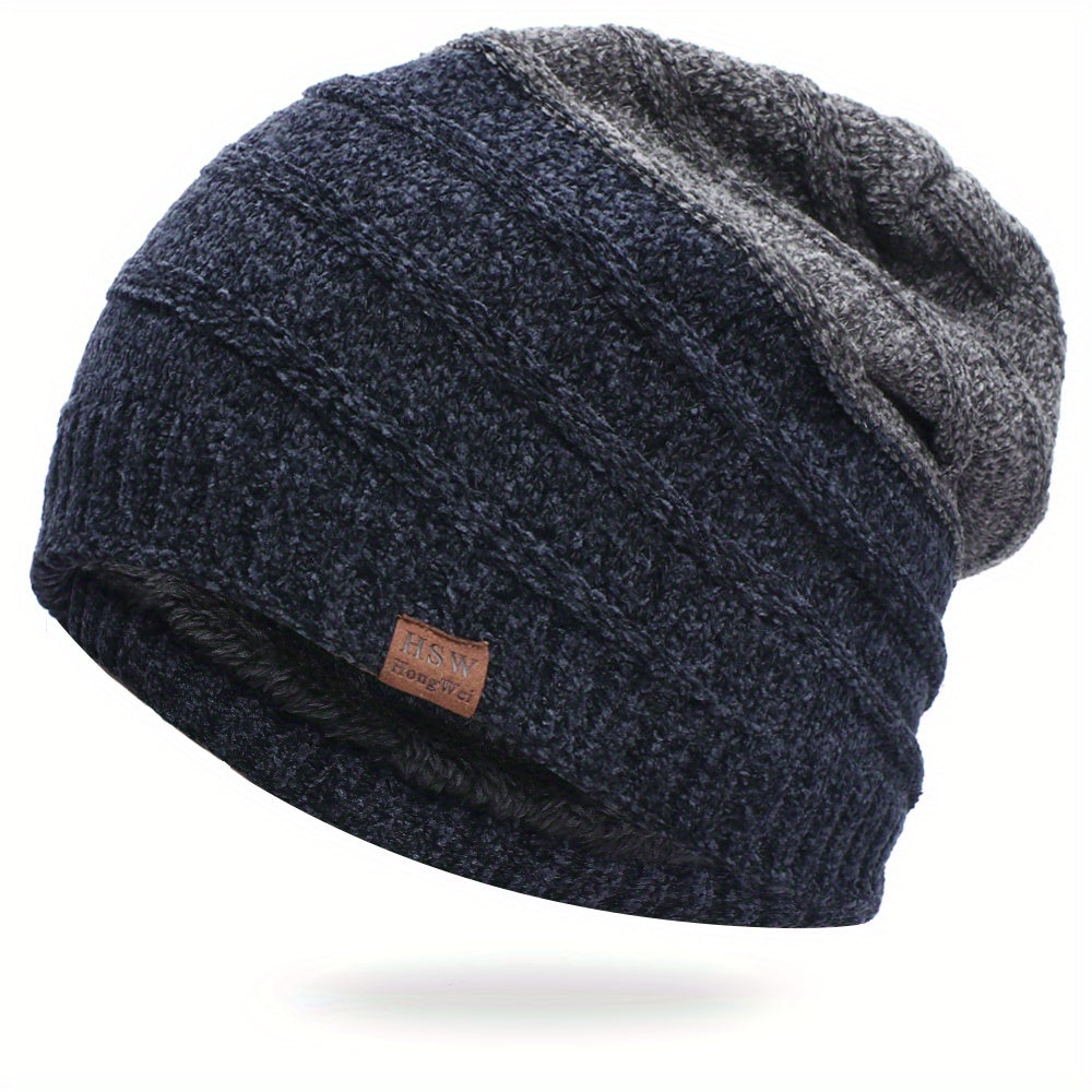 Men's Plus Fleece Beanie Outdoor Warm Knitted Hat Ski Hip Hop Hat