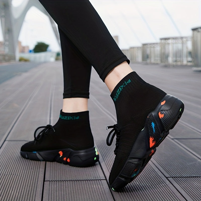 Women's High Top Sock Sneakers Comfy Knit Slip On Lace Up Sports Shoes