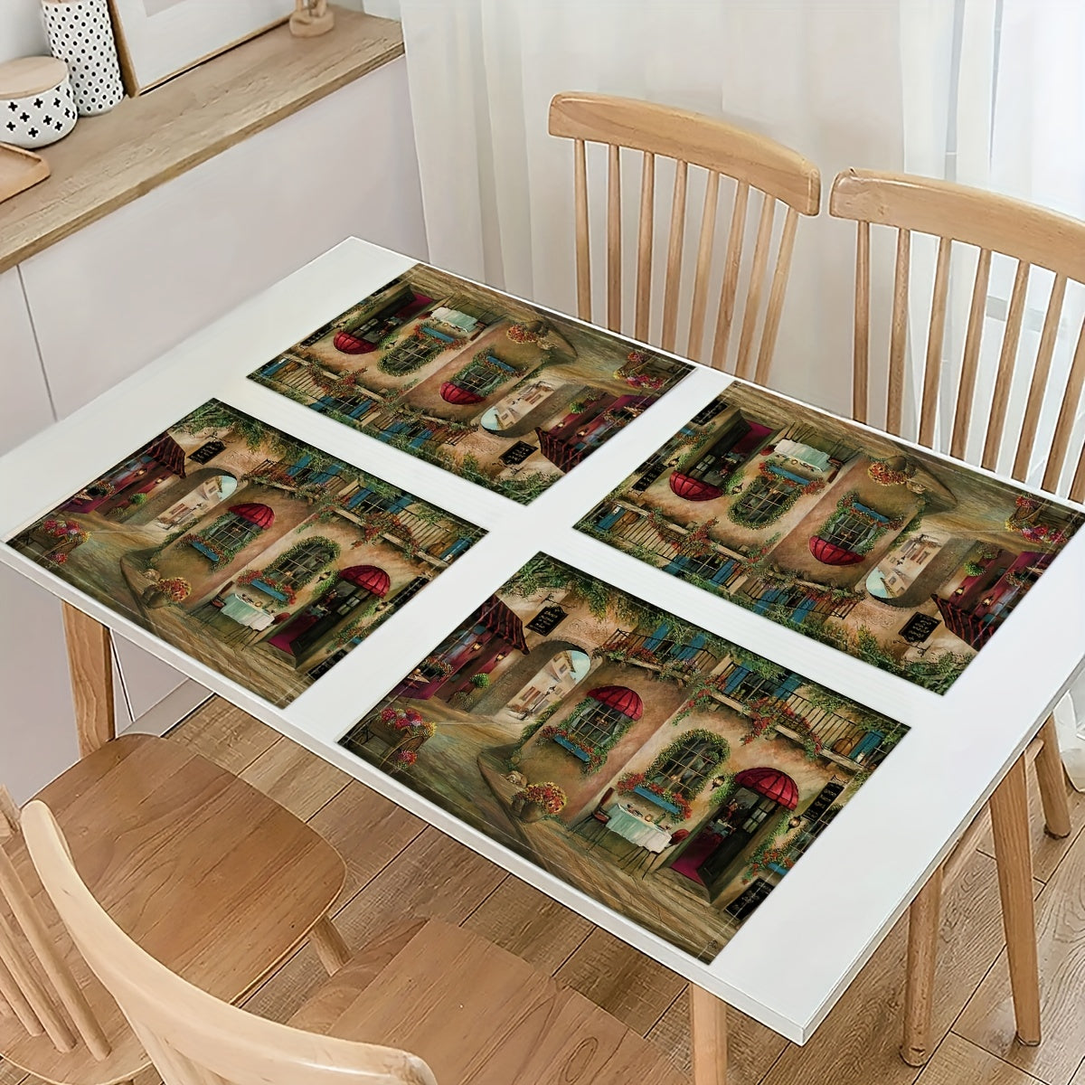 4pcs Vintage Street Pattern Placemat Linen Holiday Accessory